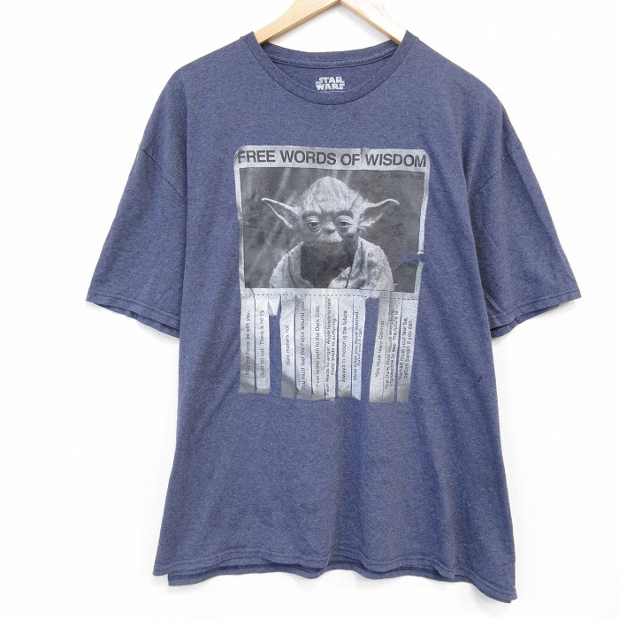 XL★古着 半袖 Tシャツ メンズ スターウォーズ STAR WARS ヨーダ 大きいサイズ クルーネック 薄紺 ネイビー 霜降り 25jul23 中古