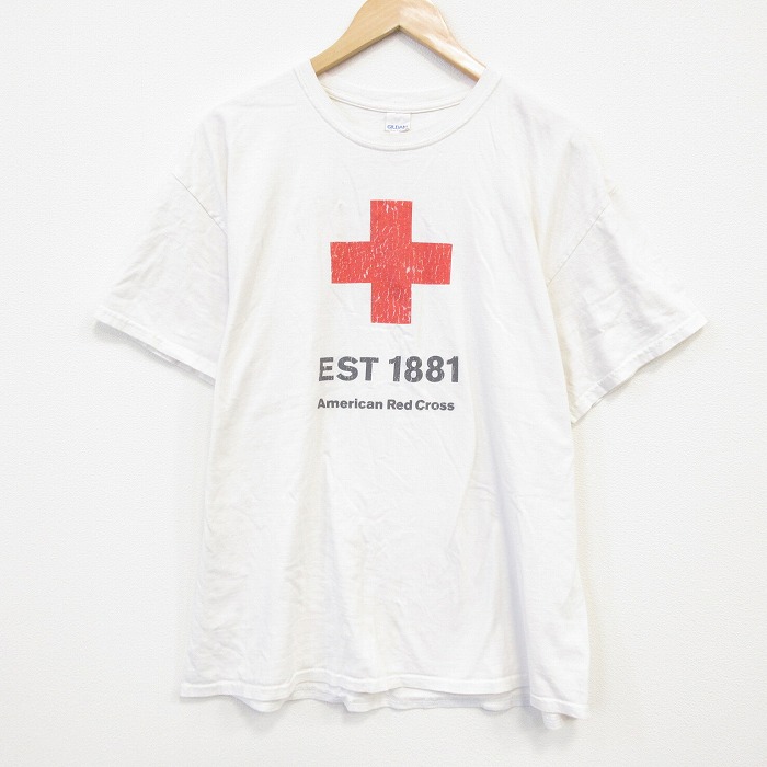 XL★古着 半袖 Tシャツ メンズ 赤十字 レッド コットン クルーネック 白 ホワイト 25jul23 中古