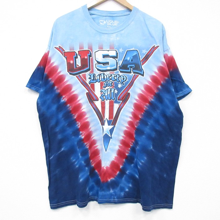 XL★古着 リキッドブルー 半袖 Tシャツ メンズ USAロゴ 大きいサイズ クルーネック 紺他 ネイビー タイダイ 25jul25 中古