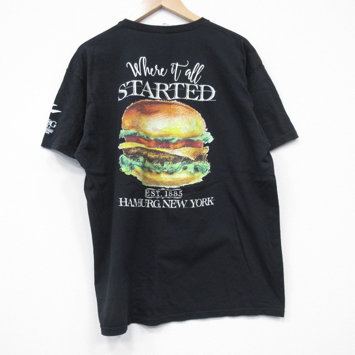 XL★古着 半袖 Tシャツ メンズ ハンバーガー コットン クルーネック 黒 ブラック 25jul25 中古