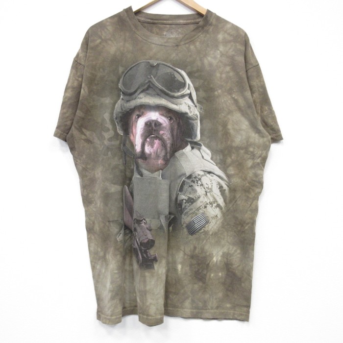 【20%OFF】XL★古着 THE MOUNTAIN 半袖 Tシャツ メンズ ブルドッグ 大きいサイズ コットン クルーネック こげ茶他 ブラウン タイダイ 25jul25 中古