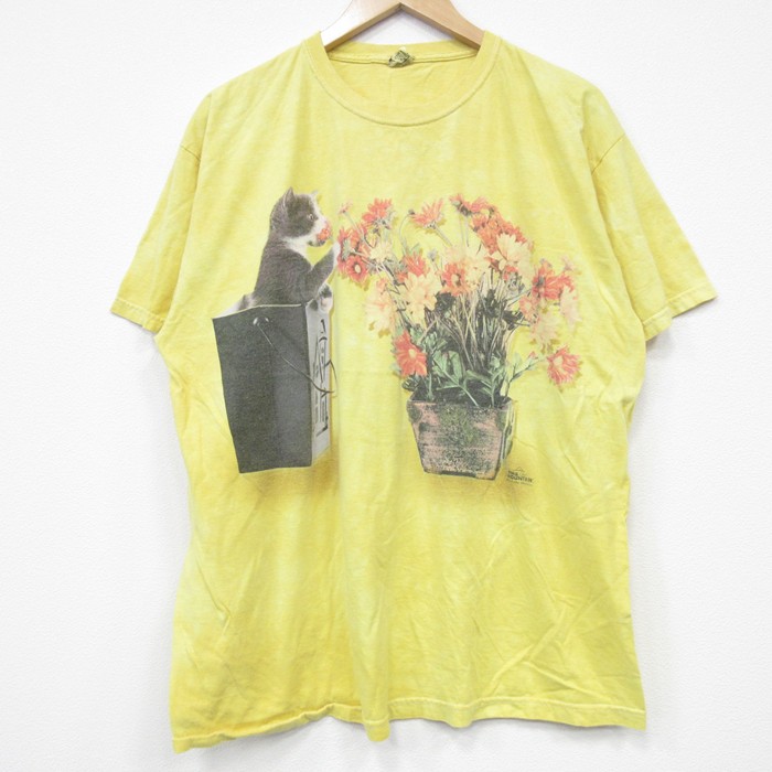 【50%OFF】XL★古着 ジャージーズ 半袖 Tシャツ メンズ THE MOUNTAIN ネコ コットン クルーネック 黄他 イエロー タイダイ 25jul25 中古