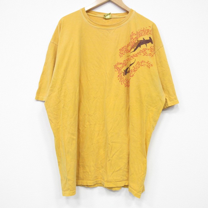 XL★古着 Crazy Shirts 半袖 Tシャツ メンズ サメ 大きいサイズ コットン クルーネック 黄 イエロー 25jul25 中古