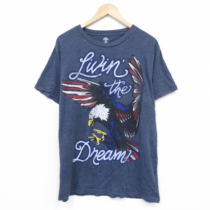 L★古着 半袖 Tシャツ メンズ 鳥 クルーネック 紺 ネイビー 霜降り 25jul26 中古