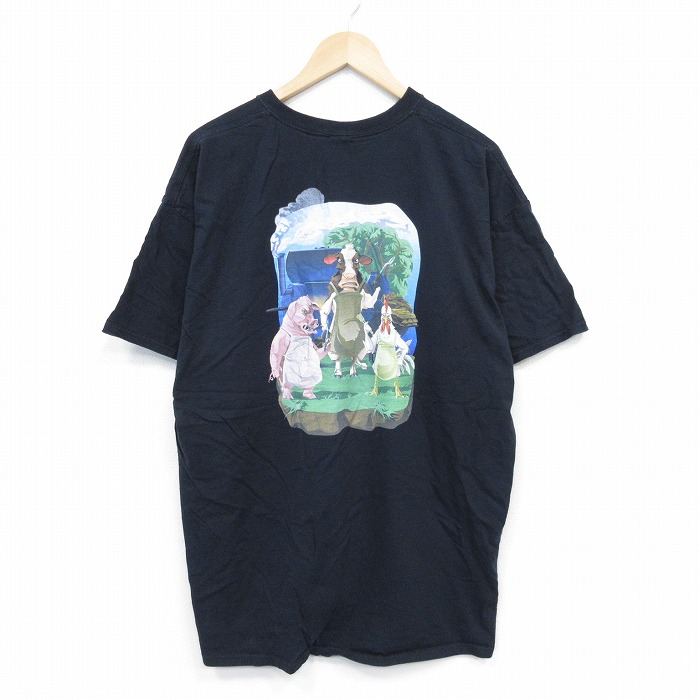 XL★古着 半袖 Tシャツ メンズ ブタ 大きいサイズ クルーネック 黒 ブラック 25jul26 中古
