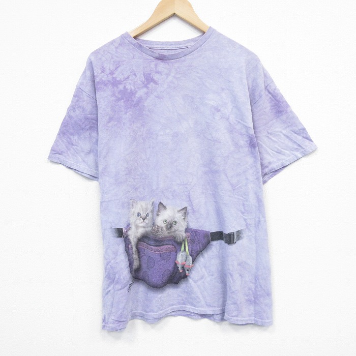 XL★古着 THE MOUNTAIN 半袖 Tシャツ メンズ ネコ コットン クルーネック 紫他 パープル ダイダイ 25jul26 中古