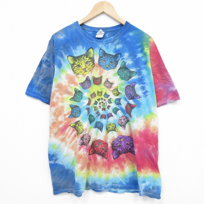 XL★古着 フルーツオブザルーム 半袖 Tシャツ メンズ ネコ 大きいサイズ コットン クルーネック 水色他 ダイダイ 25jul26 中古