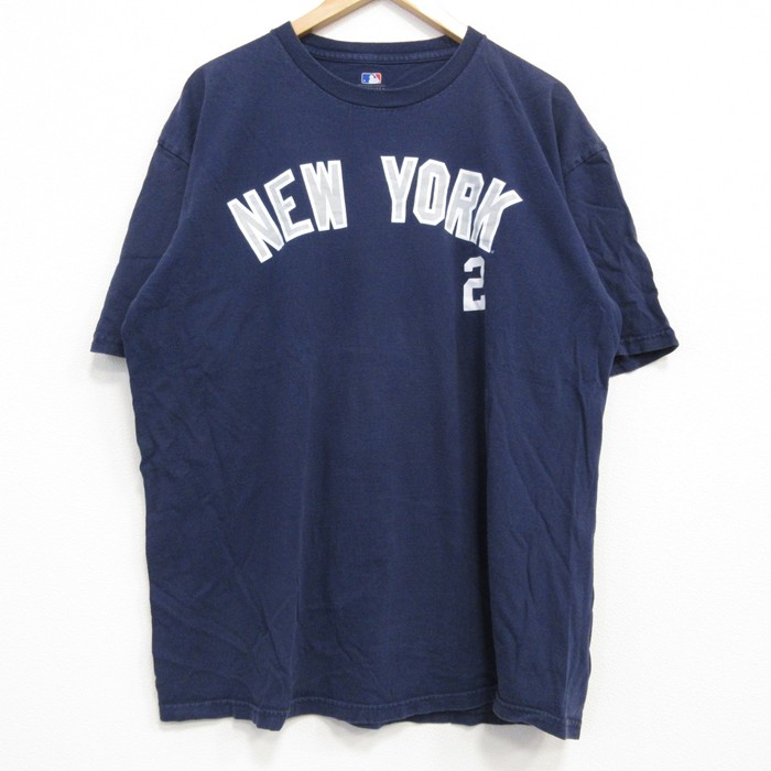 XL★古着 半袖 Tシャツ メンズ MLB ニューヨークヤンキース デレクジータ 2 コットン クルーネック 紺 ネイビー メジャーリーグ ベースボール 野球 25jul25 中古