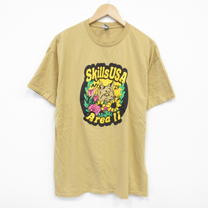 XL★古着 半袖 Tシャツ メンズ skills コットン クルーネック 濃黄 イエロー 25jul28 中古