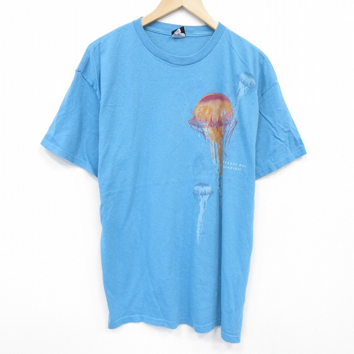 XL★古着 半袖 Tシャツ メンズ クラゲ コットン クルーネック 水色 25jul28 中古
