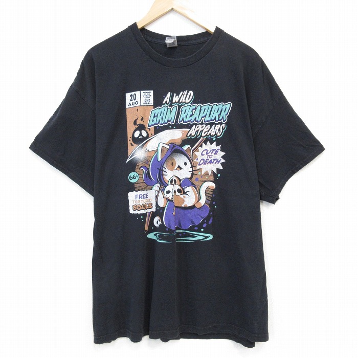 XL★古着 半袖 Tシャツ メンズ ネコ 大きいサイズ コットン クルーネック 黒 ブラック 25jul28 中古
