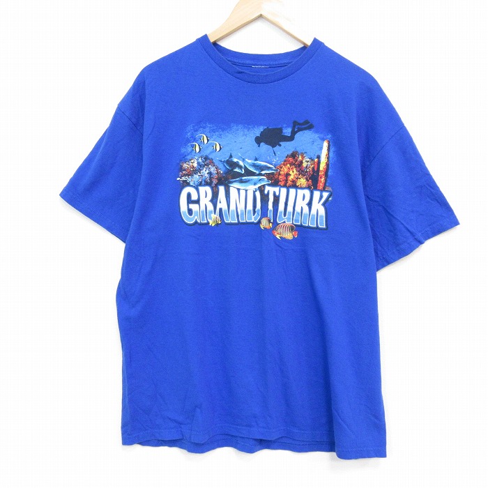 XL★古着 半袖 Tシャツ メンズ 魚 クルーネック 青 ブルー 25jul28 中古