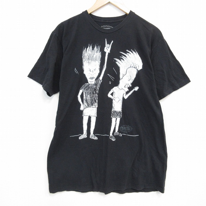 【50%OFF】L★古着 半袖 Tシャツ メンズ ビーバスアンドバッドヘッド コットン クルーネック 黒 ブラック 25jul28 中古