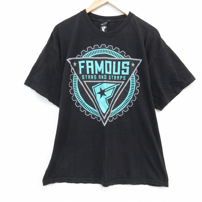 【50%OFF】XL★古着 半袖 Tシャツ メンズ フェイマス コットン クルーネック 黒 ブラック 25jul28 中古