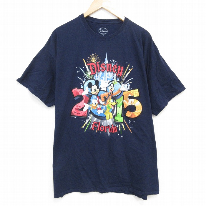 XL★古着 半袖 Tシャツ メンズ ディズニー DISNEY ミッキー MICKEY MOUSE グーフィー 大きいサイズ コットン クルーネック 紺 ネイビー 25jul28 中古