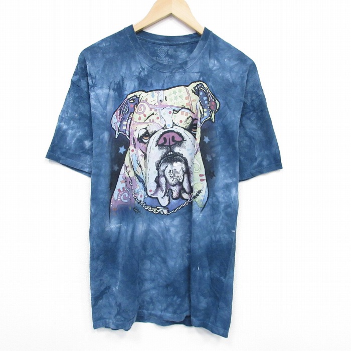 XL★古着 THE MOUNTAIN 半袖 Tシャツ メンズ ブルドッグ コットン クルーネック 薄紺他 ネイビー タイダイ 25jul29 中古
