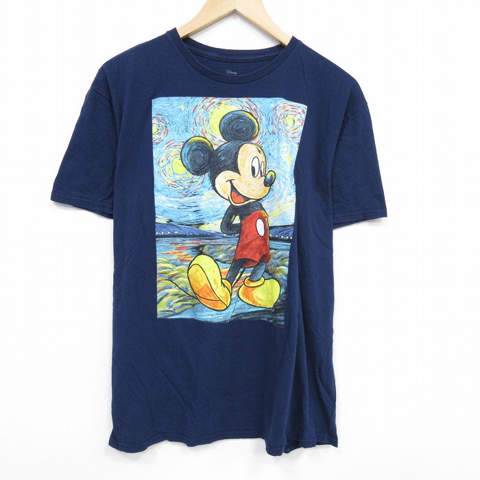 XL★古着 半袖 Tシャツ メンズ ディズニー DISNEY ミッキー MICKEY MOUSE コットン クルーネック 紺 ネイビー 25jul29 中古