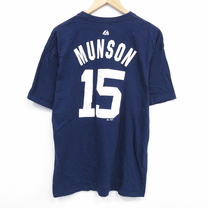 XL★古着 半袖 Tシャツ メンズ MLB ニューヨークヤンキース サーマンマンソン 15 コットン クルーネック 紺 ネイビー メジャーリーグ ベースボール 野球 25jul29 中古