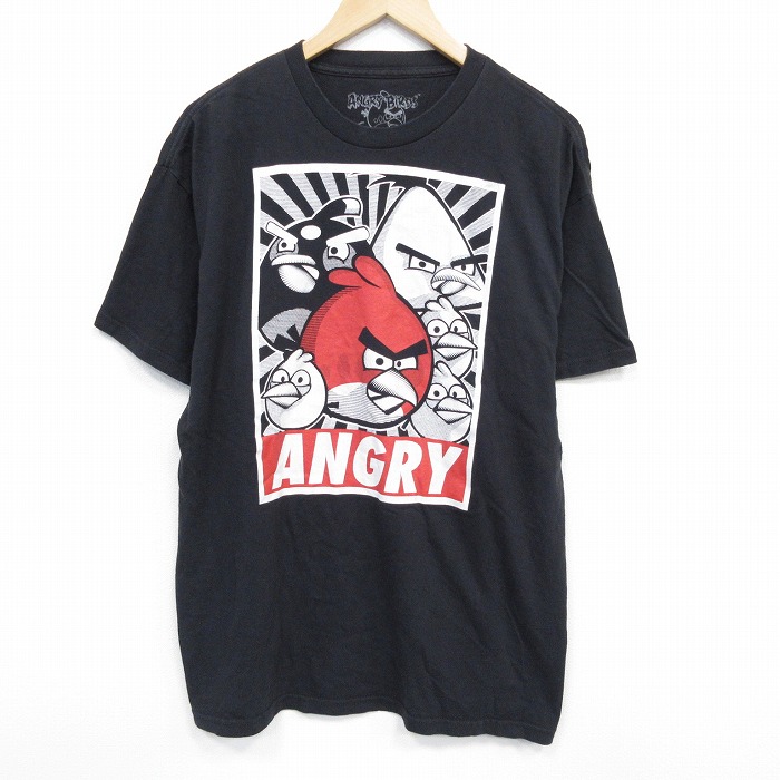 XL★古着 半袖 Tシャツ メンズ アングリーバード コットン クルーネック 黒 ブラック 25jul29 中古