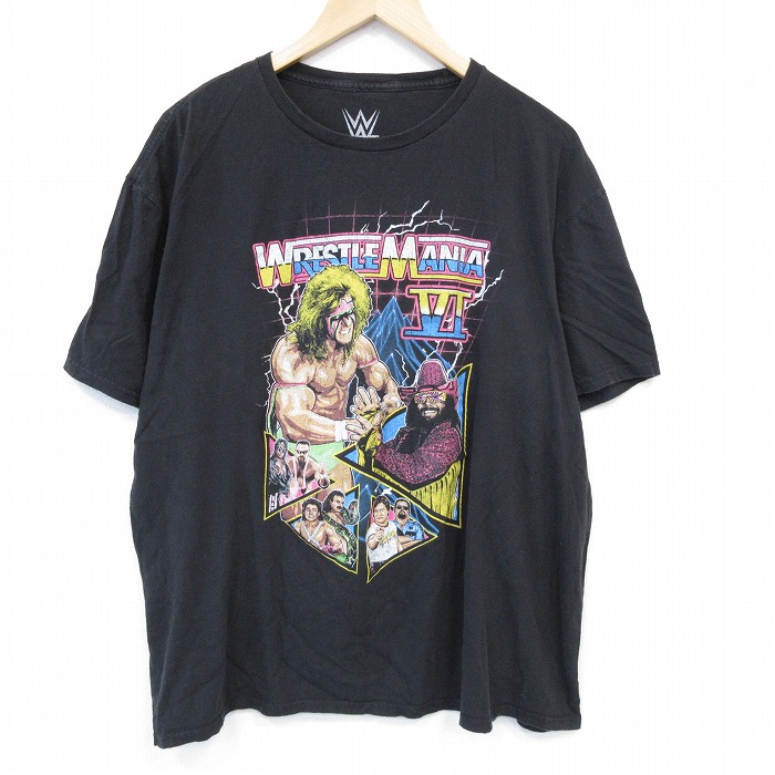 XL★古着 半袖 Tシャツ メンズ ワールドプロレスリング レッスルマニア ドラマ 大きいサイズ コットン クルーネック 黒 ブラック 25jul29 中古