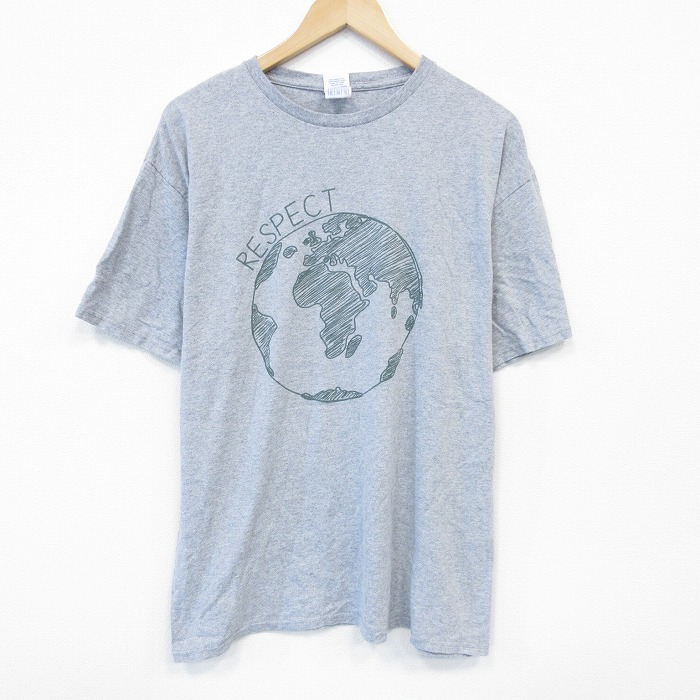XL★古着 半袖 Tシャツ メンズ 地球 大きいサイズ クルーネック グレー 霜降り 25jul29 中古