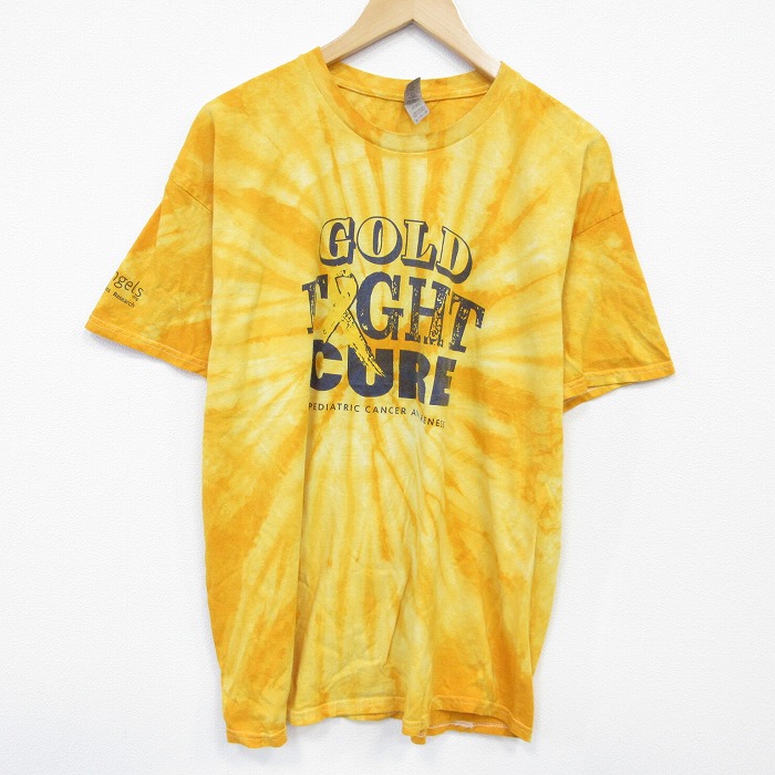 XL★古着 半袖 Tシャツ メンズ ゴールド 大きいサイズ コットン クルーネック 黄他 イエロー タイダイ 25jul29 中古