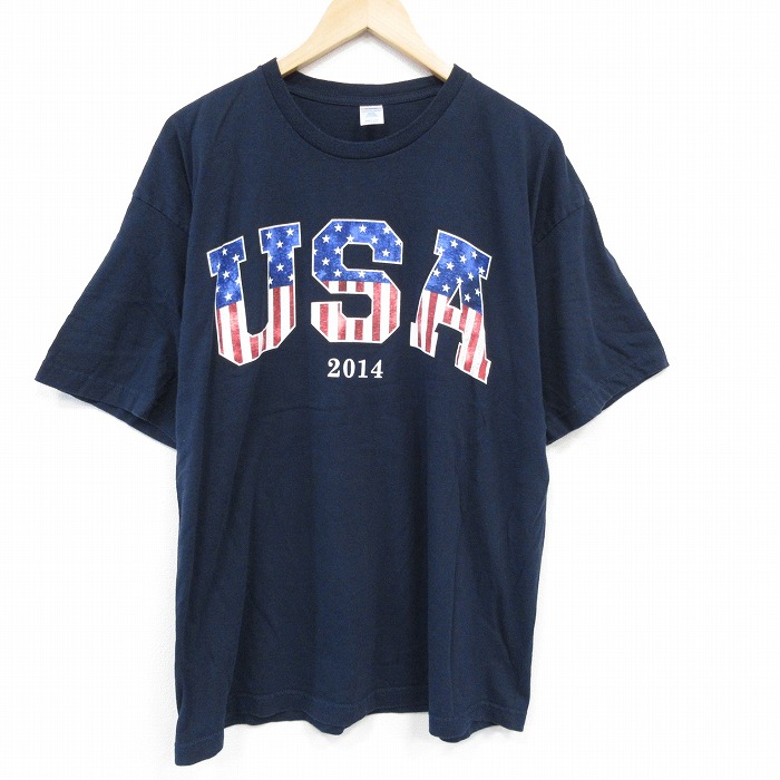 【20%OFF】XL★古着 半袖 Tシャツ メンズ USAロゴ コットン クルーネック USA製 紺 ネイビー 25jul29 中古
