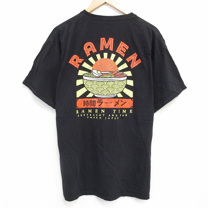 XL★古着 半袖 Tシャツ メンズ ラーメン コットン クルーネック 黒 ブラック 25jul30 中古