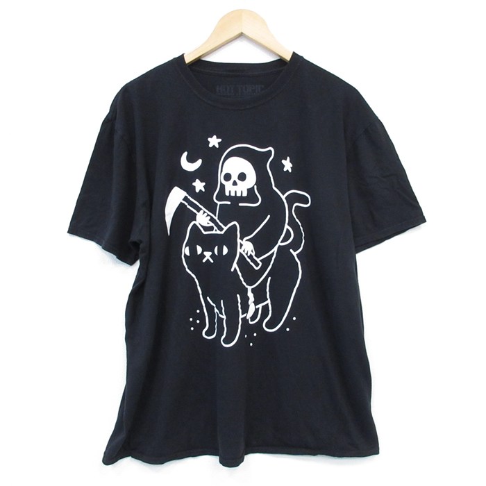 【50%OFF】XL★古着 半袖 Tシャツ メンズ 死神 大きいサイズ コットン クルーネック 黒 ブラック 25jul31 中古