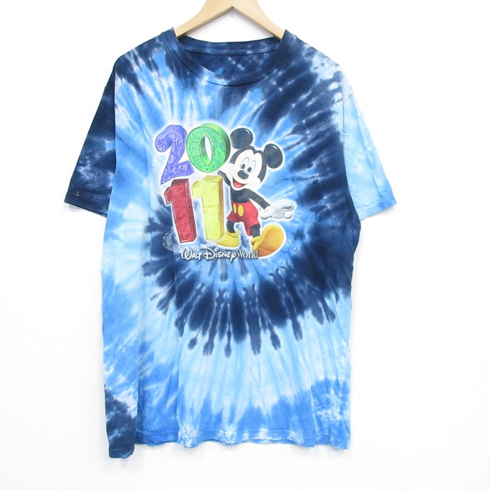 XL★古着 半袖 Tシャツ メンズ ディズニー DISNEY ミッキー MICKEY MOUSE 大きいサイズ クルーネック 青他 ブルー タイダイ 25jul31 中古