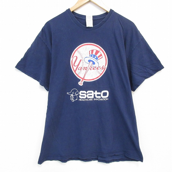 XL★古着 半袖 Tシャツ メンズ MLB ニューヨークヤンキース 佐藤製薬 コットン クルーネック 紺 ネイビー メジャーリーグ ベースボール 野球 25aug01 中古