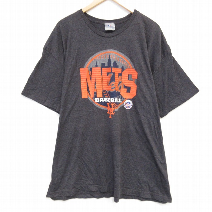 XL★古着 半袖 Tシャツ メンズ MLB ニューヨークメッツ 大きいサイズ クルーネック 濃グレー 霜降り メジャーリーグ ベースボール 野球 25aug01 中古