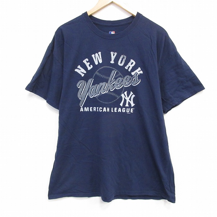 【20%OFF】XL★古着 半袖 Tシャツ メンズ MLB ニューヨークヤンキース コットン クルーネック 紺 ネイビー メジャーリーグ ベースボール 野球 25aug01 中古