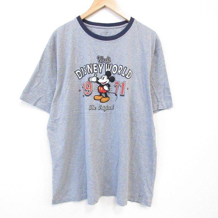 【50%OFF】XL★古着 半袖 Tシャツ メンズ ディズニー DISNEY ミッキー MICKEY MOUSE 大きいサイズ コットン クルーネック グレー 霜降り 25aug02 中古
