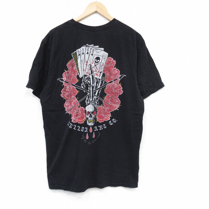 【50%OFF】XL★古着 半袖 Tシャツ メンズ スカル トランプ 大きいサイズ クルーネック 黒 ブラック 25aug04 中古