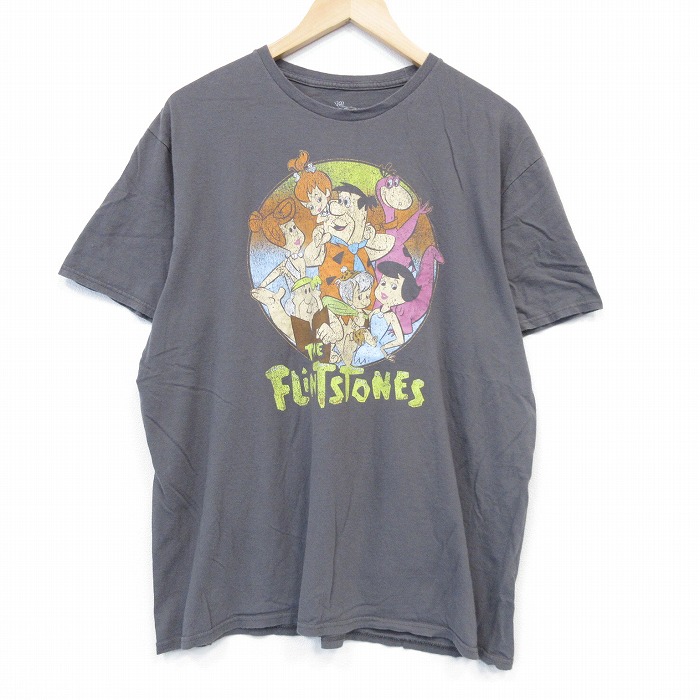 XL★古着 半袖 Tシャツ メンズ アニメ 原始家族 フリントストーン 大きいサイズ コットン クルーネック 薄茶 ブラウン 【spe】 25aug04 中古
