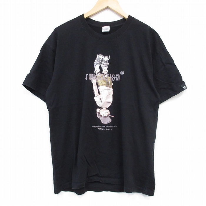 L★古着 半袖 Tシャツ メンズ ジャングルタイガー コットン クルーネック 黒 ブラック 25aug04 中古