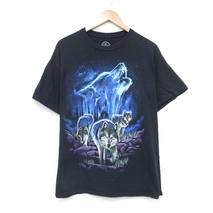 XL★古着 半袖 Tシャツ メンズ オオカミ コットン クルーネック 黒 ブラック 25aug07 中古