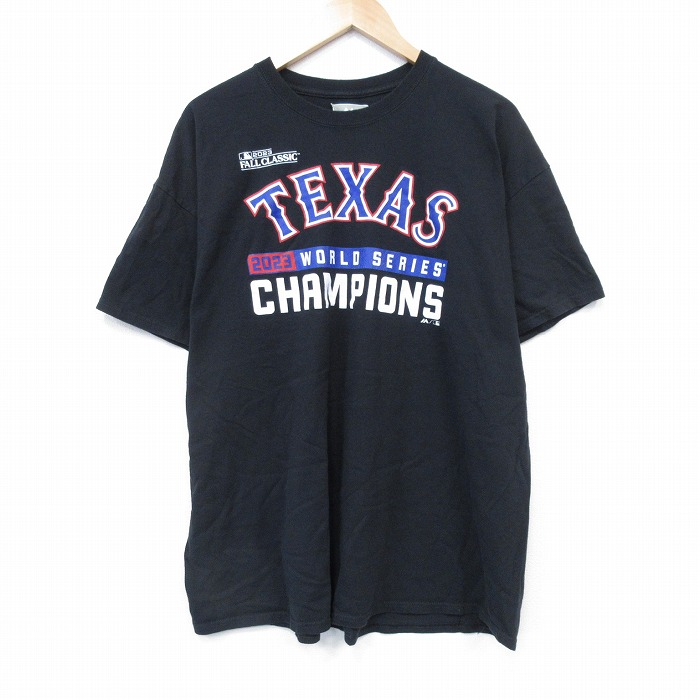 XL★古着 マジェスティック 半袖 Tシャツ メンズ MLB テキサスレンジャース 大きいサイズ クルーネック 黒 ブラック メジャーリーグ ベースボール 野球 25aug07 中古