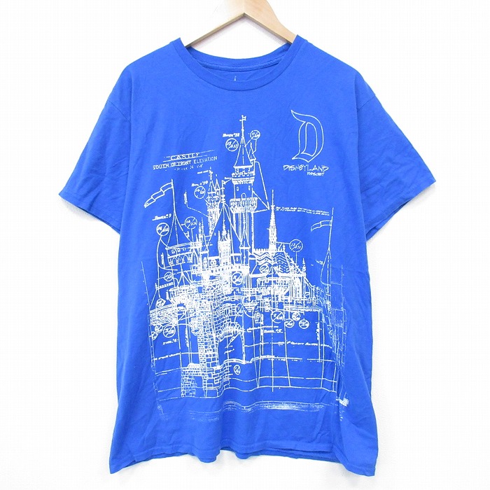 XL★古着 半袖 Tシャツ メンズ ディズニー DISNEY シンデレラ城 大きいサイズ コットン クルーネック 青 ブルー 25aug07 中古