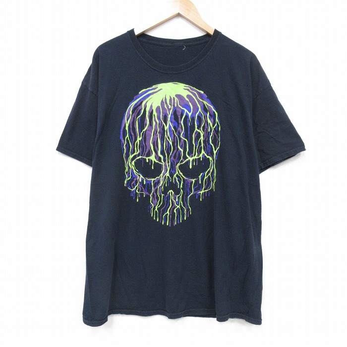 XL★古着 半袖 Tシャツ メンズ スカル クルーネック 黒 ブラック 25aug07 中古