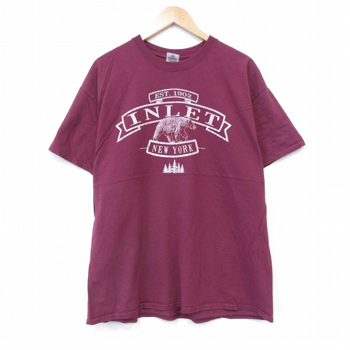 XL★古着 半袖 Tシャツ メンズ クマ コットン クルーネック エンジ 25aug13 中古