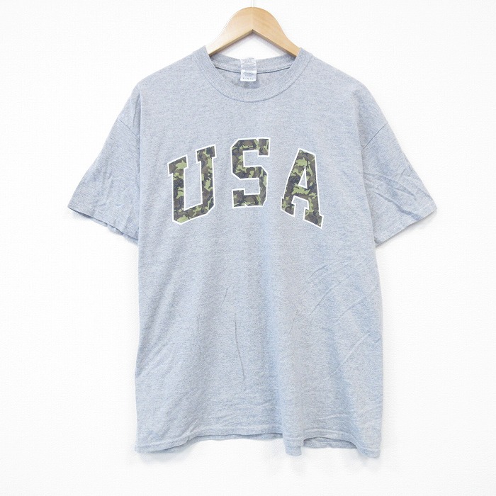 XL★古着 半袖 Tシャツ メンズ USA ロゴ クルーネック グレー 霜降り 25aug13 中古