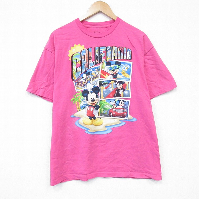 XL★古着 半袖 Tシャツ メンズ ディズニー DISNEY ミッキー MICKEY MOUSE コットン クルーネック ピンク 25aug13 中古