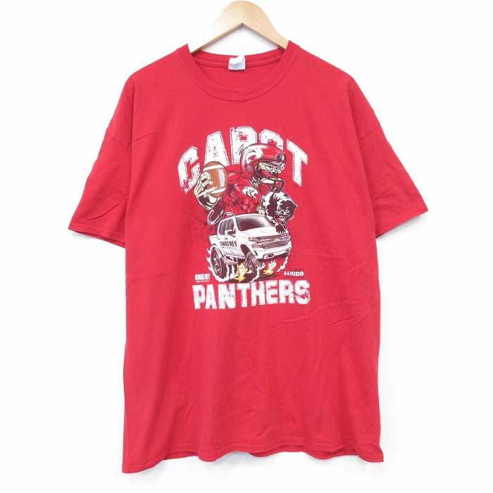 【50%OFF】XL★古着 半袖 Tシャツ メンズ パンサーズ 大きいサイズ コットン クルーネック 赤 レッド 25aug13 中古