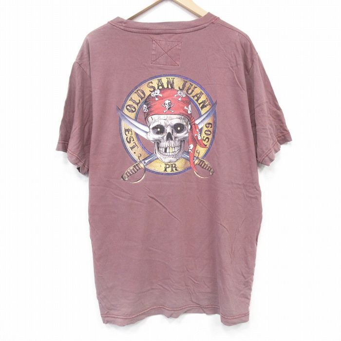 XL★古着 半袖 Tシャツ メンズ スカル コットン クルーネック 薄エンジ 25aug13 中古