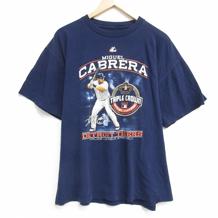 【50%OFF】XL★古着 マジェスティック 半袖 Tシャツ メンズ MLBデトロイトタイガース ミゲルカブレラ 24 大きいサイズ コットン クルーネック 紺 ネイビー メジャーリーグ ベースボール 野球 【spe】 25aug18 中古