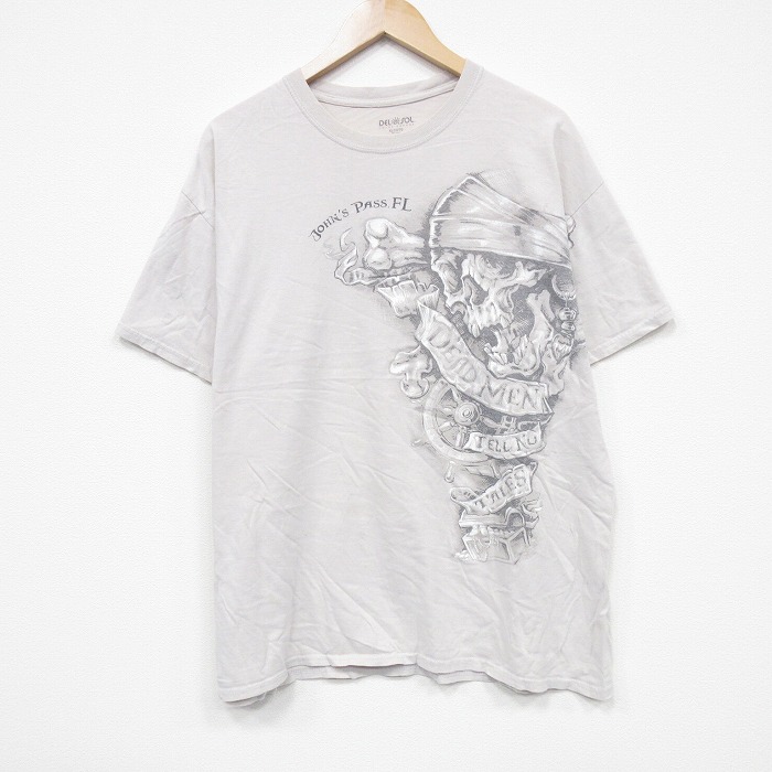 【50%OFF】XL★古着 半袖 Tシャツ メンズ スカル 大きいサイズ コットン クルーネック ベージュ カーキ 25aug21 中古