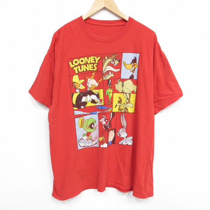 【50%OFF】XL★古着 半袖 Tシャツ メンズ ルーニーテューンズ LOONEY TUNES タズ マービンザマーシャン 大きいサイズ クルーネック 赤 レッド 25aug18 中古