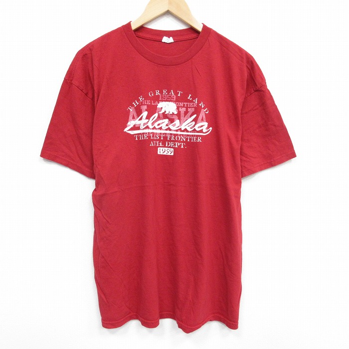【50%OFF】XL★古着 半袖 Tシャツ メンズ アラスカ コットン クルーネック 赤 レッド 25aug18 中古